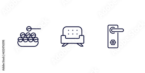 set of hotel and restaurant thin line icons. hotel and restaurant outline icons included takoyaki, lounge, doorknob vector.