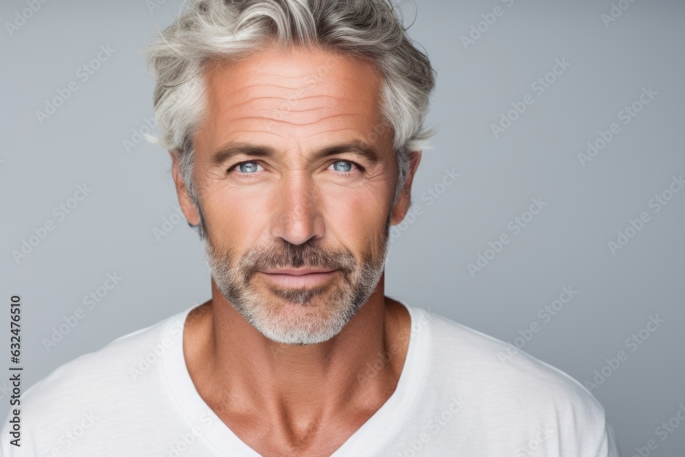 On white grey background, attractive mature man. Beautiful illustration picture. Generative AI
