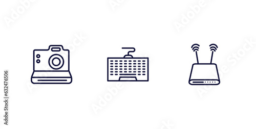set of hardware and equipment thin line icons. hardware and equipment outline icons included camera, keyboard wire, modem with two antenna vector.