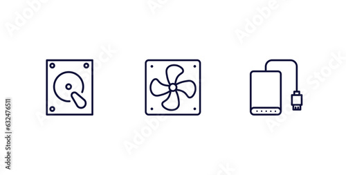 set of hardware and equipment thin line icons. hardware and equipment outline icons included harddrive, computer fan, external hard drive vector.