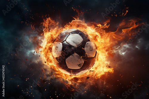 Soccer Ball on Fire, Burning Football, Flamy Ball on Black Background. Generative Ai © CYBERUSS