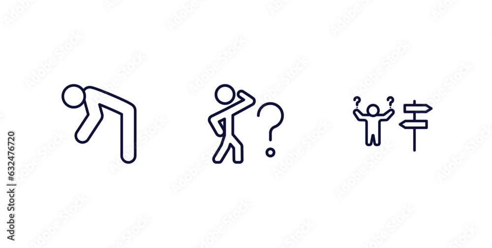 set of feeling and reaction thin line icons. feeling and reaction outline icons included depressed human, curious human, lost human vector.