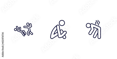 set of feeling and reaction thin line icons. feeling and reaction outline icons included helpless human, sad human, exhausted human vector.