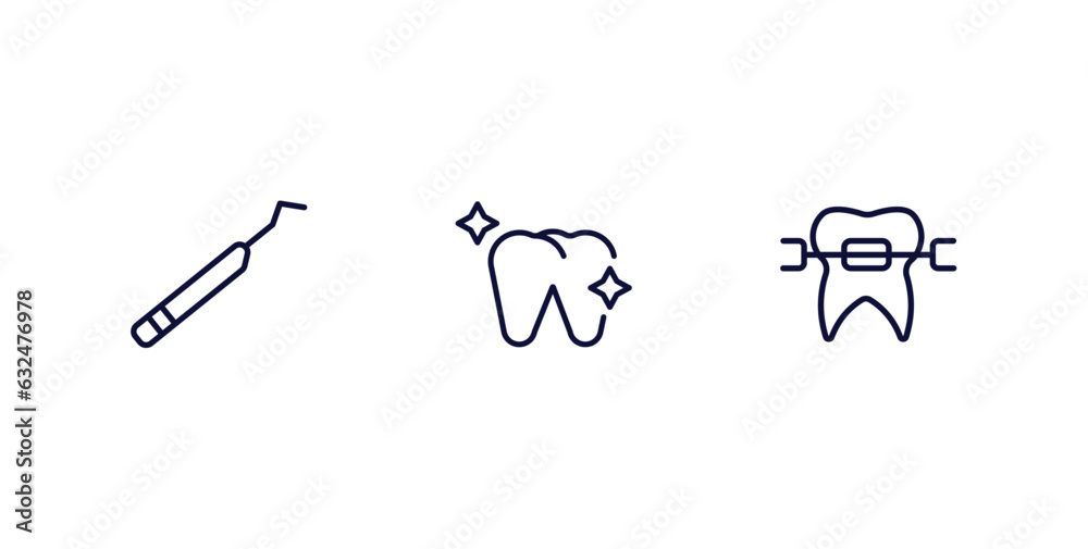 set of dental health thin line icons. dental health outline icons included periodontal scaler, healthy tooth, brackets vector.