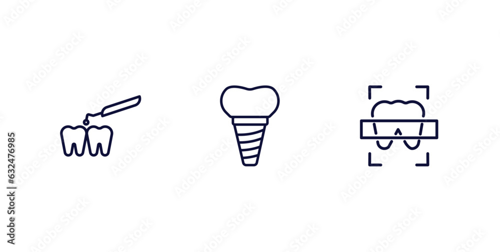 set of dental health thin line icons. dental health outline icons included interproximal, implant, dental x ray vector.