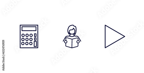 set of education and science thin line icons. education and science outline icons included small calculator, student and books, right triangle vector.