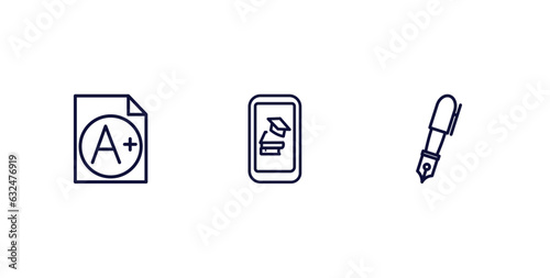 set of distance learning thin line icons. distance learning outline icons included grades, mobile learning, fountain pen vector.