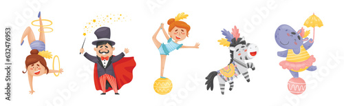 Circus Characters Performing Trick with Acrobat, Magician and Animal Vector Set