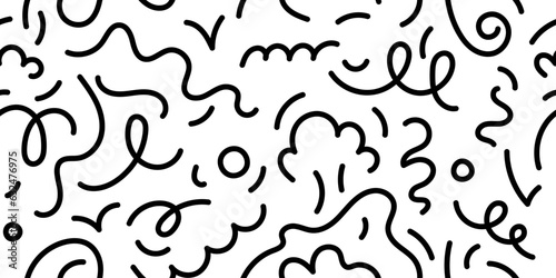 Squiggly doodle seamless background, tribal scribble repeat texture. Creative minimalist monochrome pattern in trendy style, vector illustration