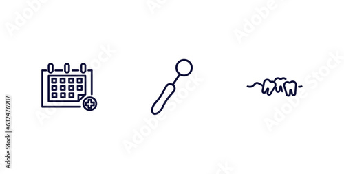 set of dental health thin line icons. dental health outline icons included medical appointment, dentist mirror, malocclusion vector.