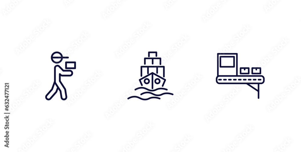 set of delivery and logistics thin line icons. delivery and logistics outline icons included courier, logistic ship, delivery x ray vector.