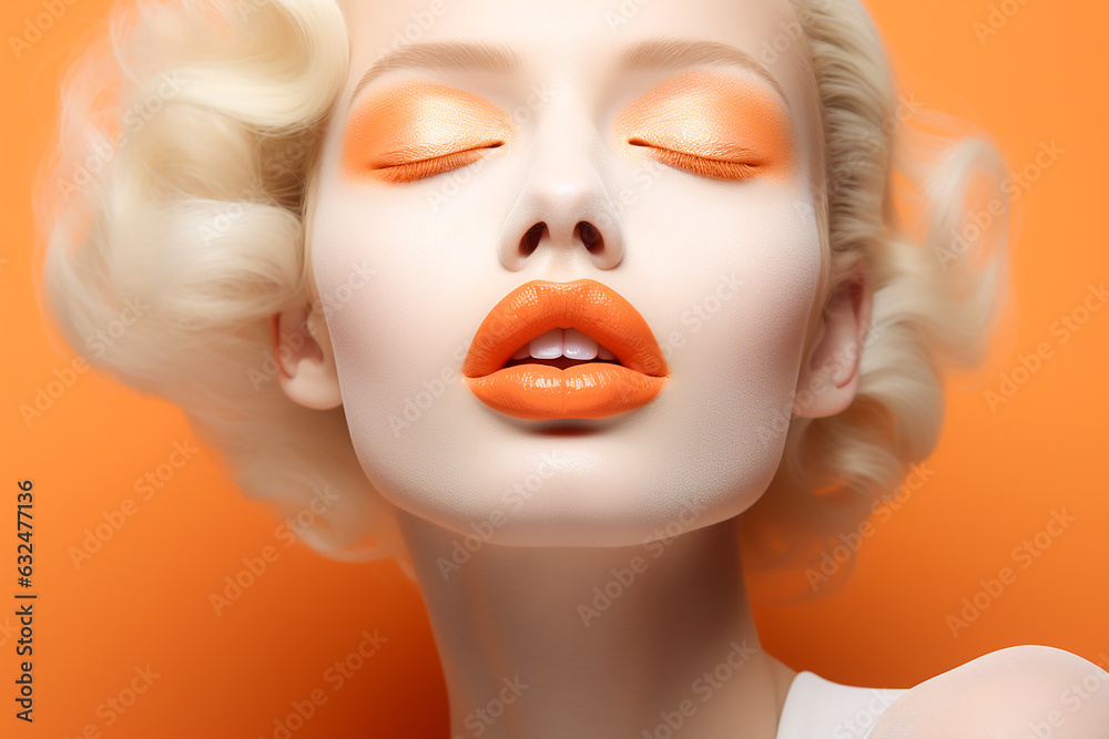 Model with orange makeup - apricot orange lipstick and eye shadows