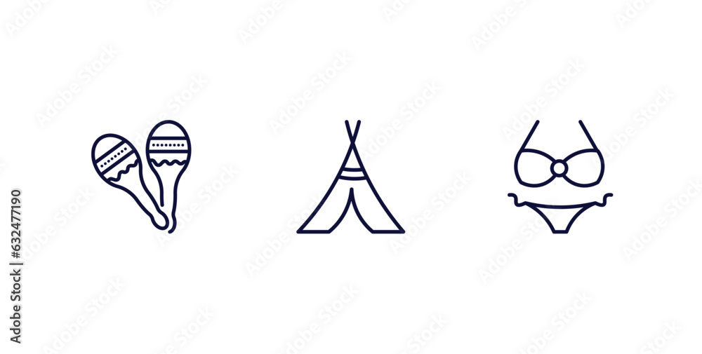 set of culture and civilization thin line icons. culture and civilization outline icons included maracas couple, native american wigwam, female bikini piece vector.