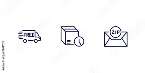 set of delivery and logistics thin line icons. delivery and logistics outline icons included free delivery, time, zip code vector.
