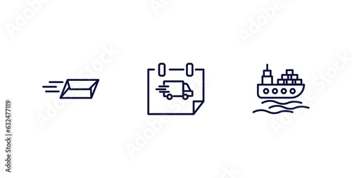 set of delivery and logistics thin line icons. delivery and logistics outline icons included express mail, delivery day, ocean transportation vector.