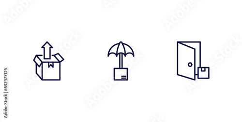 set of delivery and logistics thin line icons. delivery and logistics outline icons included unpacking, logistic umbrella, delivery to the door vector.