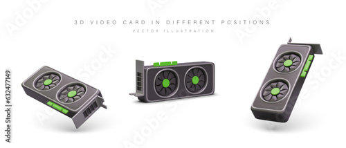 Realistic video card, display adapter. Object in different positions. Stylish video controller for creating image on display. Illustrations for shop, supplier, repairman