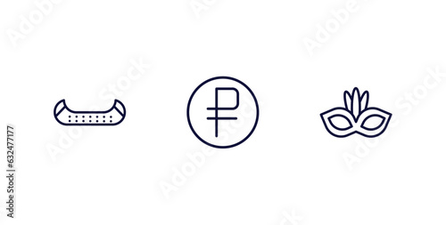 set of culture and civilization thin line icons. culture and civilization outline icons included native american canoe, ruble, brazil carnival mask vector.