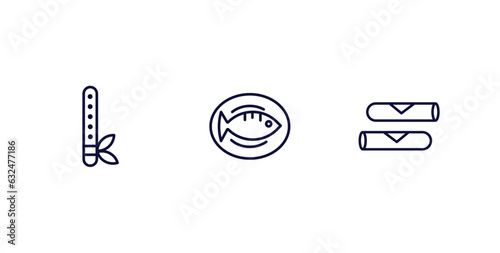 set of culture and civilization thin line icons. culture and civilization outline icons included native american flute, cantonese fish, spring rolls vector.