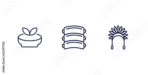 set of culture and civilization thin line icons. culture and civilization outline icons included gazpacho, pork ribs, indian headdress vector.