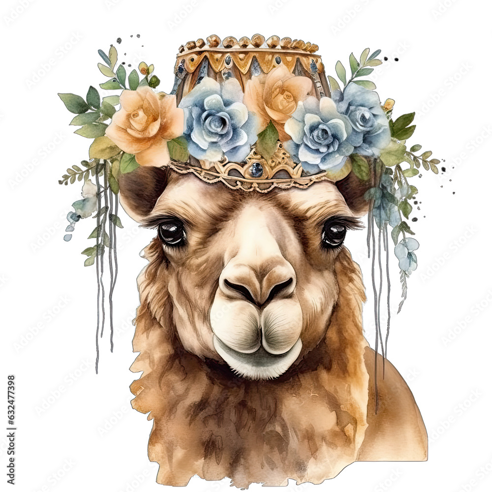 Cute Watercolor Floral Camel Face with Skull Cap Generative Ai