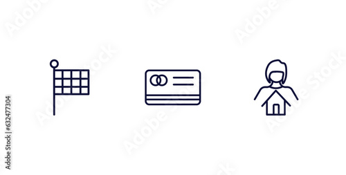 set of commerce and marketing thin line icons. commerce and marketing outline icons included checkered, big credit card, woman with mortgage vector.