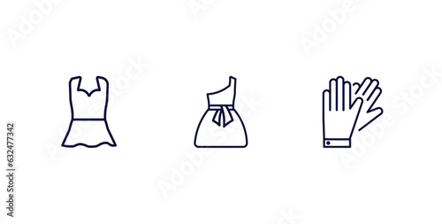 set of clothes and outfit thin line icons. clothes and outfit outline icons included peplum top  one shoulder dress  leather gloves vector.