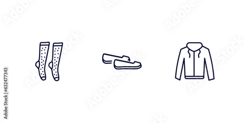 set of clothes and outfit thin line icons. clothes and outfit outline icons included women socks, loafer, hooded jacket vector.