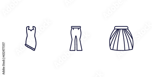 set of clothes and outfit thin line icons. clothes and outfit outline icons included jersey wrap dress, flare pants, tulle skirt vector.