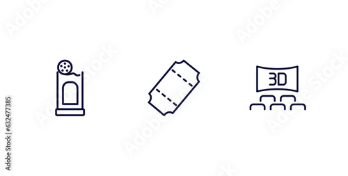 set of cinema and theater thin line icons. cinema and theater outline icons included box office, tickets, 3 dimension screen vector.