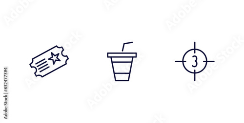 set of cinema and theater thin line icons. cinema and theater outline icons included theater ticket, papper cup with straw, movie countdown vector.