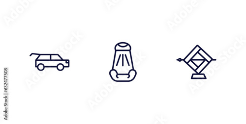 set of car parts thin line icons. car parts outline icons included car boot, bucket seat, jack vector.