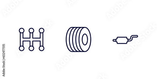 set of car parts thin line icons. car parts outline icons included car transmission, trim, silencer vector.