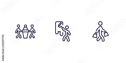 set of behavior and action thin line icons. behavior and action outline icons included three men conference, man painting wall, shopper man vector.