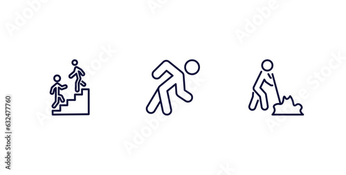 set of behavior and action thin line icons. behavior and action outline icons included helping a man to climb, stick man excersicing, man digging vector.