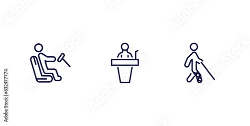 set of behavior and action thin line icons. behavior and action outline icons included man driving, stick man speech, man with broken leg vector.