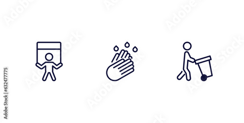 set of behavior and action thin line icons. behavior and action outline icons included man with banner, washing hands, carry garbage vector.