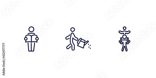 set of behavior and action thin line icons. behavior and action outline icons included man reading newspaper, watering plants, piggyback a kid vector.