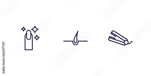 set of beauty and elegance thin line icons. beauty and elegance outline icons included finger with nail, hair, hair straightener vector.