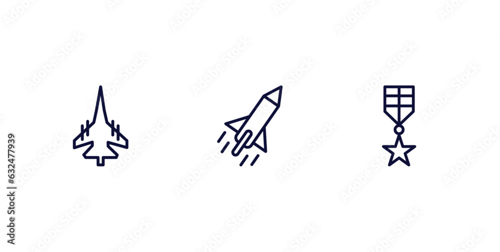 set of military and war and thin line icons. military and war outline icons included fighter plane, missile, militaty medal vector. set of military and war and thin line icons. military and war outline icons included fighter plane, missile, militaty medal vector.