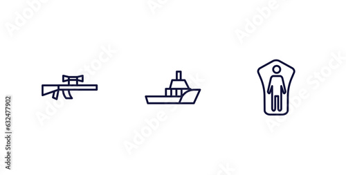 set of military and war and thin line icons. military and war outline icons included sniper rifle, army boat, conscription vector.