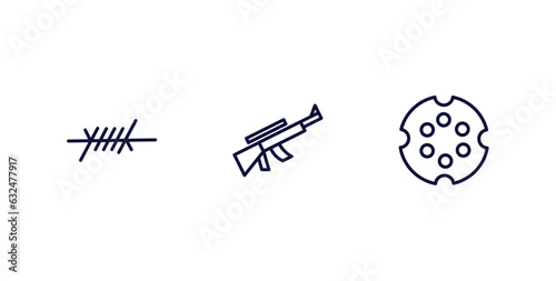 set of military and war and thin line icons. military and war outline icons included barbed wire  rifle  chamber vector.