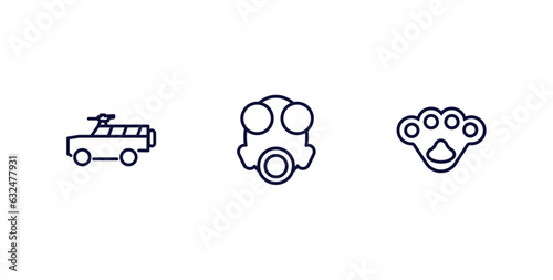 set of military and war and thin line icons. military and war outline icons included armored vehicle, gas mask, knuckle vector.