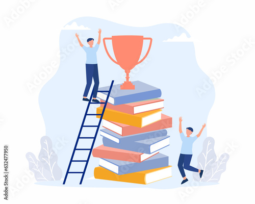 Student climbs stairs textbooks to success Trophy cup on top of the book stack Idea of knowledge education and learning.