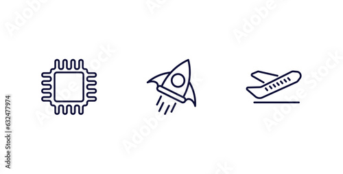 set of ai and future technology thin line icons. ai and future technology outline icons included cpu, rocket, aeroplane vector.
