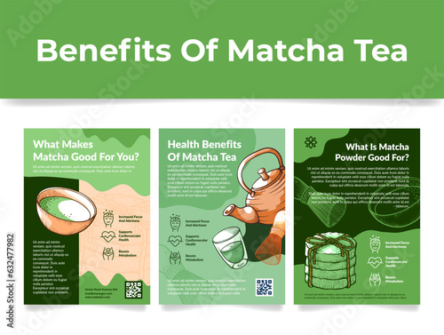 Benefits of matcha tea healthy nutrition information poster set engraved vector illustration