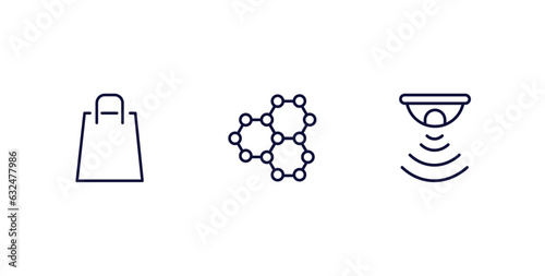 set of ai and future technology thin line icons. ai and future technology outline icons included shopping bag, graphene, motion sensor vector.