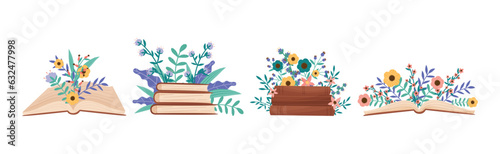 Books with Blooming Flowers and Twigs Vector Set