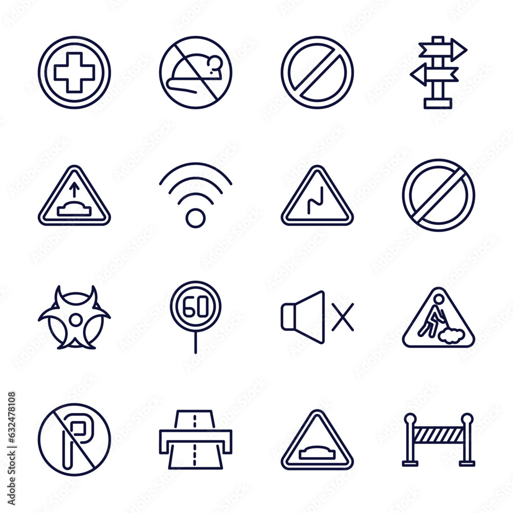 set of traffic signs thin line icons. traffic signs outline icons such as hospital, no waiting, hump, right reverse bend, biological hazard, no parking, highway, humps, barrier vector. set of traffic signs thin line icons. traffic signs outline icons such as hospital, no waiting, hump, right reverse bend, biological hazard, no parking, highway, humps, barrier vector.
