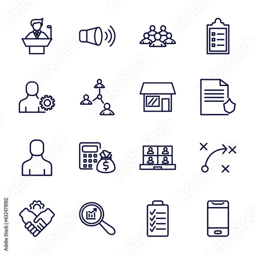 set of strategy thin line icons. strategy outline icons such as conference, teamwork, admin, store, avatar, partner, analysis, planning, smartphone vector.